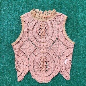 Banjul Mustard Crochet Crop Top Sleeveless Sheer Top Size S